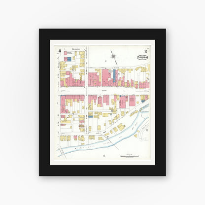 Old map wall art mockup — black gallery frame with white mat — Sanborn Fire Insurance Map from Stroudsburg, Monroe County, Pennsylvania (1923), Sheet #0008