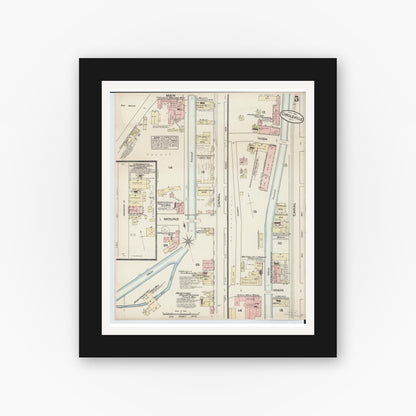 Old map wall art mockup — black gallery frame with white mat — Sanborn Fire Insurance Map from Circleville, Pickaway County, Ohio (1884), Sheet #0005
