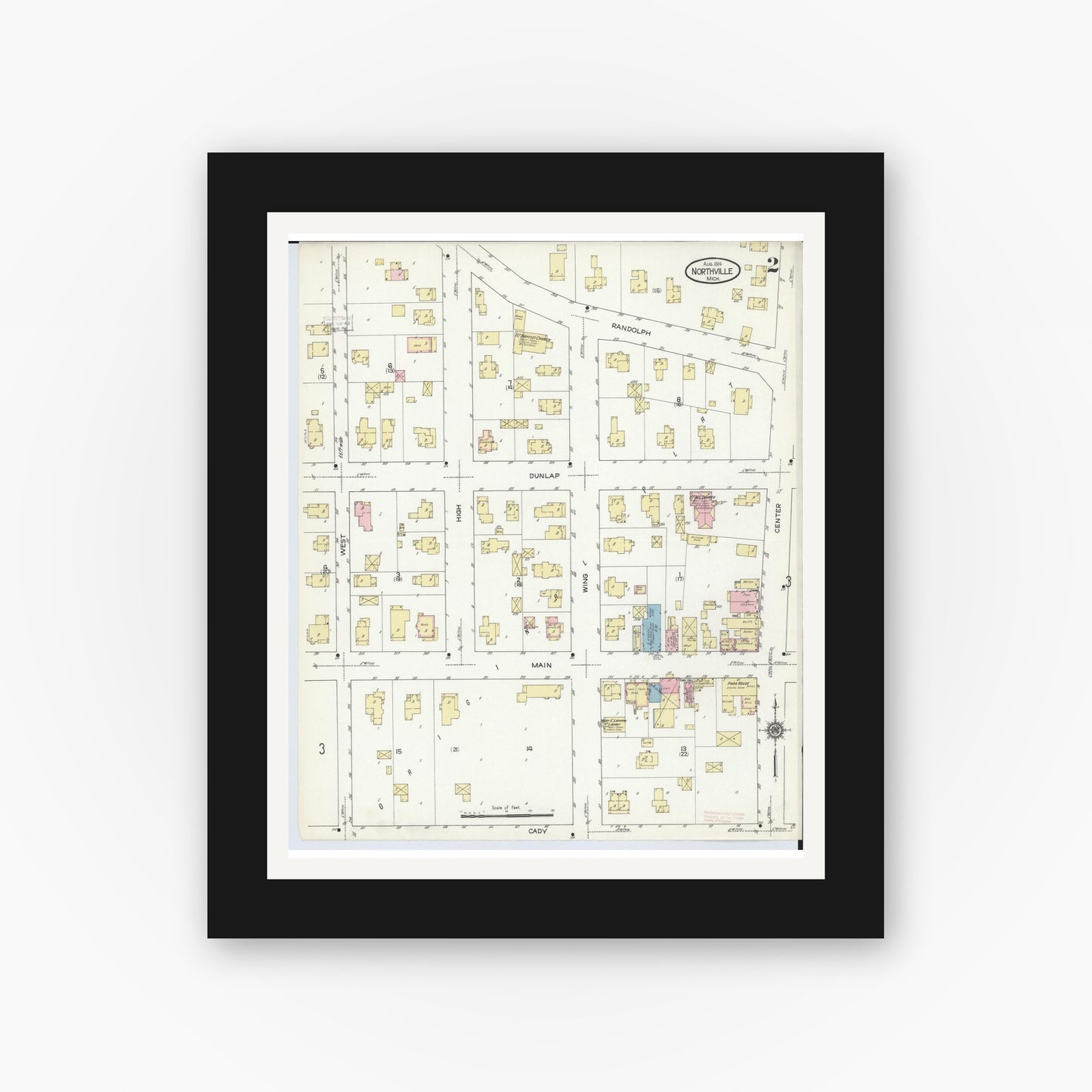 Old map wall art mockup — black gallery frame with white mat — Sanborn Fire Insurance Map from Northville, Wayne County, Michigan (1914), Sheet #0002