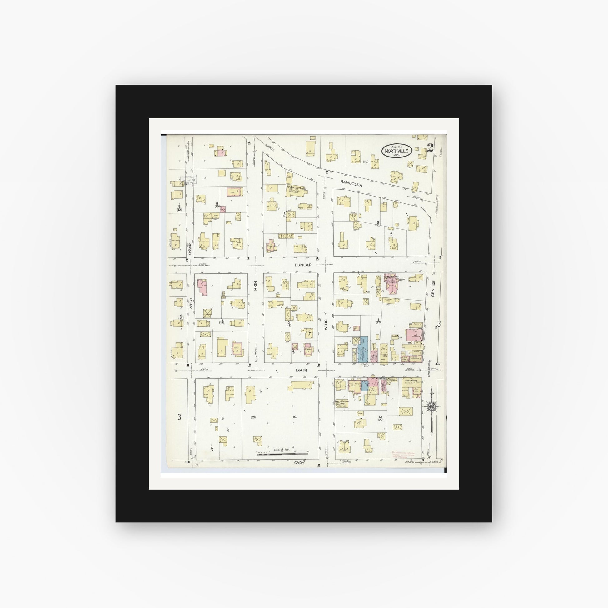Old map wall art mockup — black gallery frame with white mat — Sanborn Fire Insurance Map from Northville, Wayne County, Michigan (1914), Sheet #0002