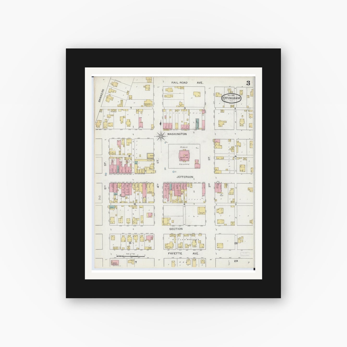 Old map wall art mockup — black gallery frame with white mat — Sanborn Fire Insurance Map from Effingham, Effingham County, Illinois (1893), Sheet #0003