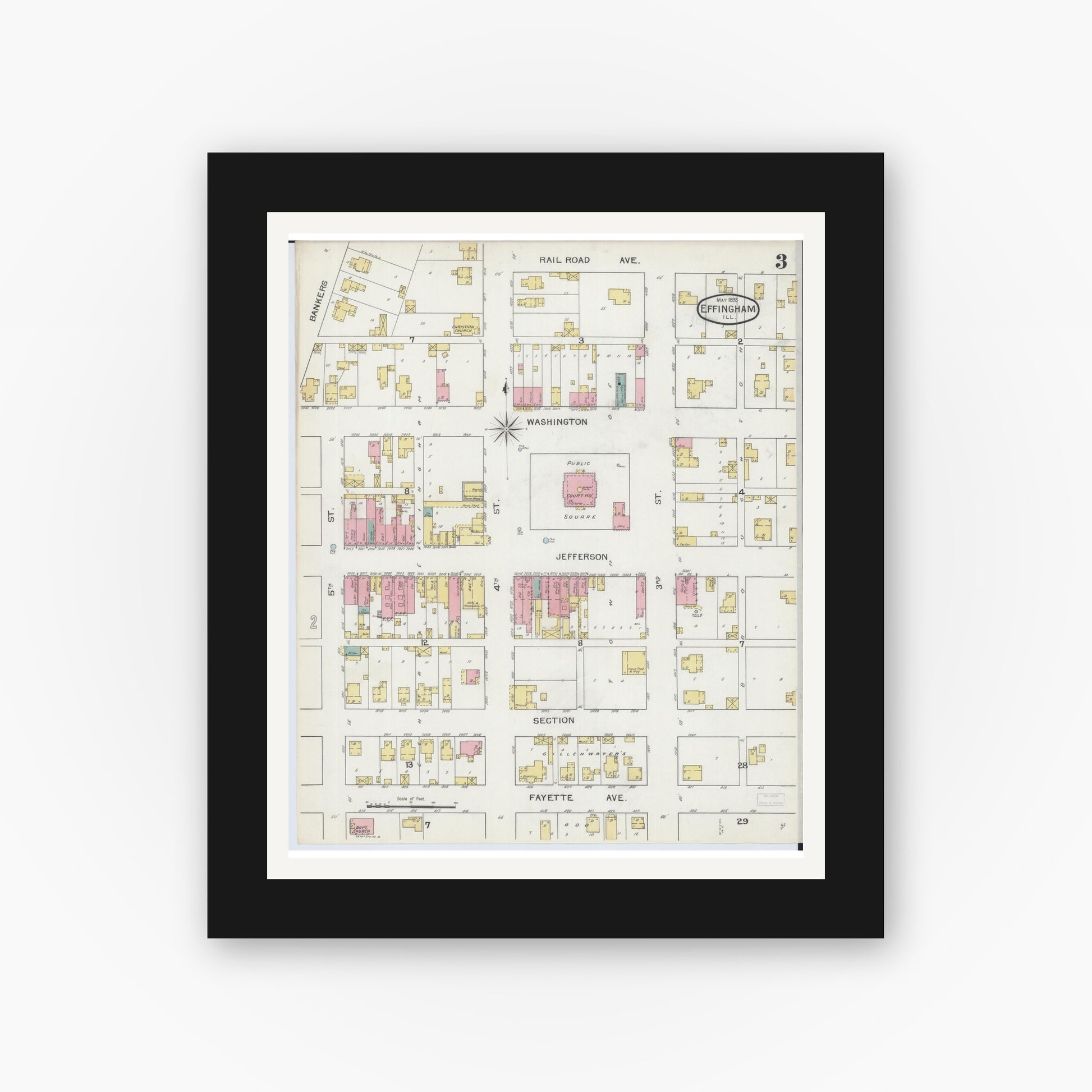Old map wall art mockup — black gallery frame with white mat — Sanborn Fire Insurance Map from Effingham, Effingham County, Illinois (1893), Sheet #0003