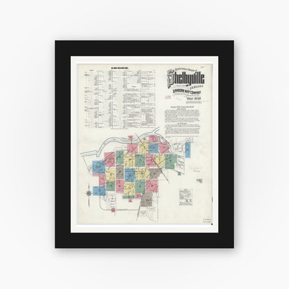 Old map wall art mockup — black gallery frame with white mat — Sanborn Fire Insurance Map from Shelbyville, Shelby County, Indiana (1910), Sheet #0001
