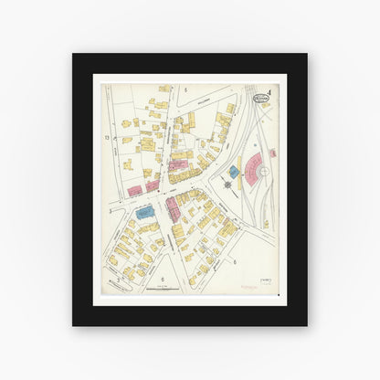Old map wall art mockup — black gallery frame with white mat — Sanborn Fire Insurance Map from Dedham, Norfolk County, Massachusetts (1917), Sheet #0004