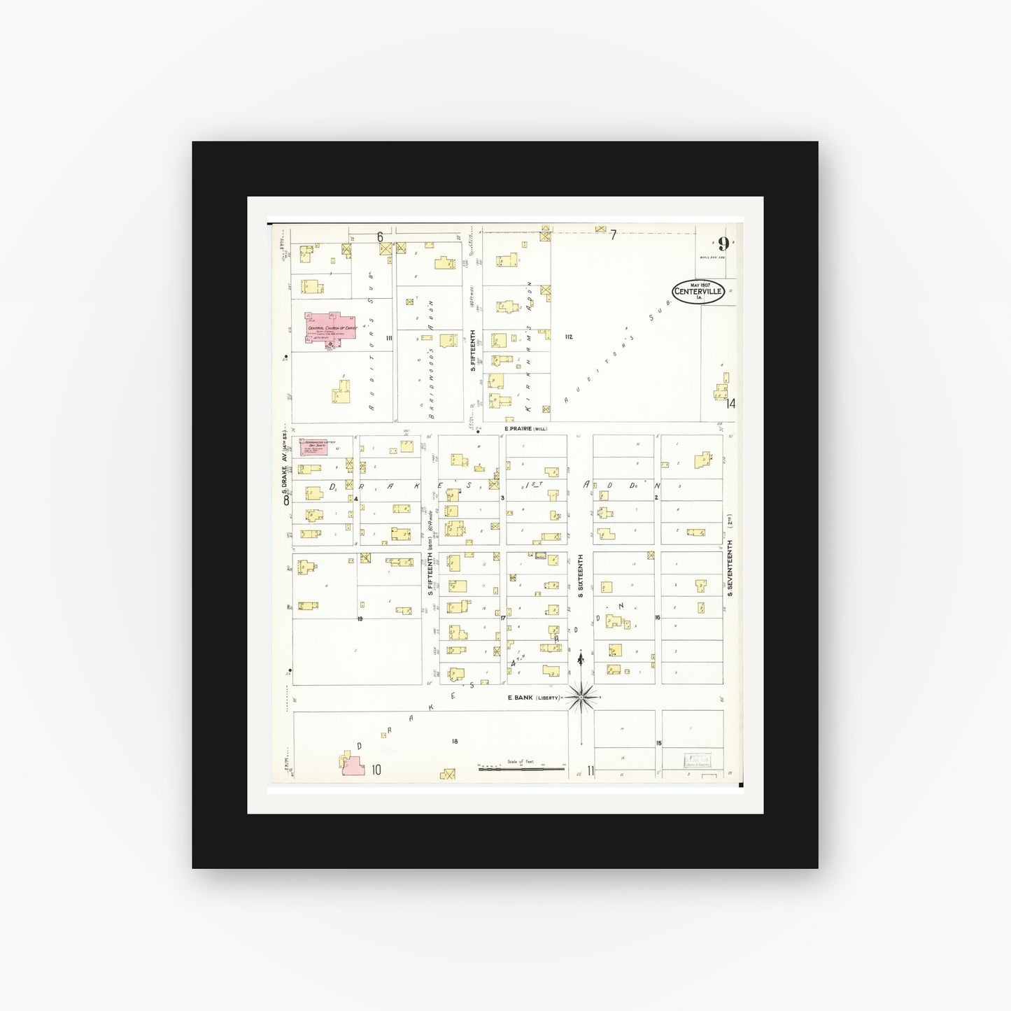 Old map wall art mockup — black gallery frame with white mat — Sanborn Fire Insurance Map from Centerville, Appanoose County, Iowa (1907), Sheet #0009