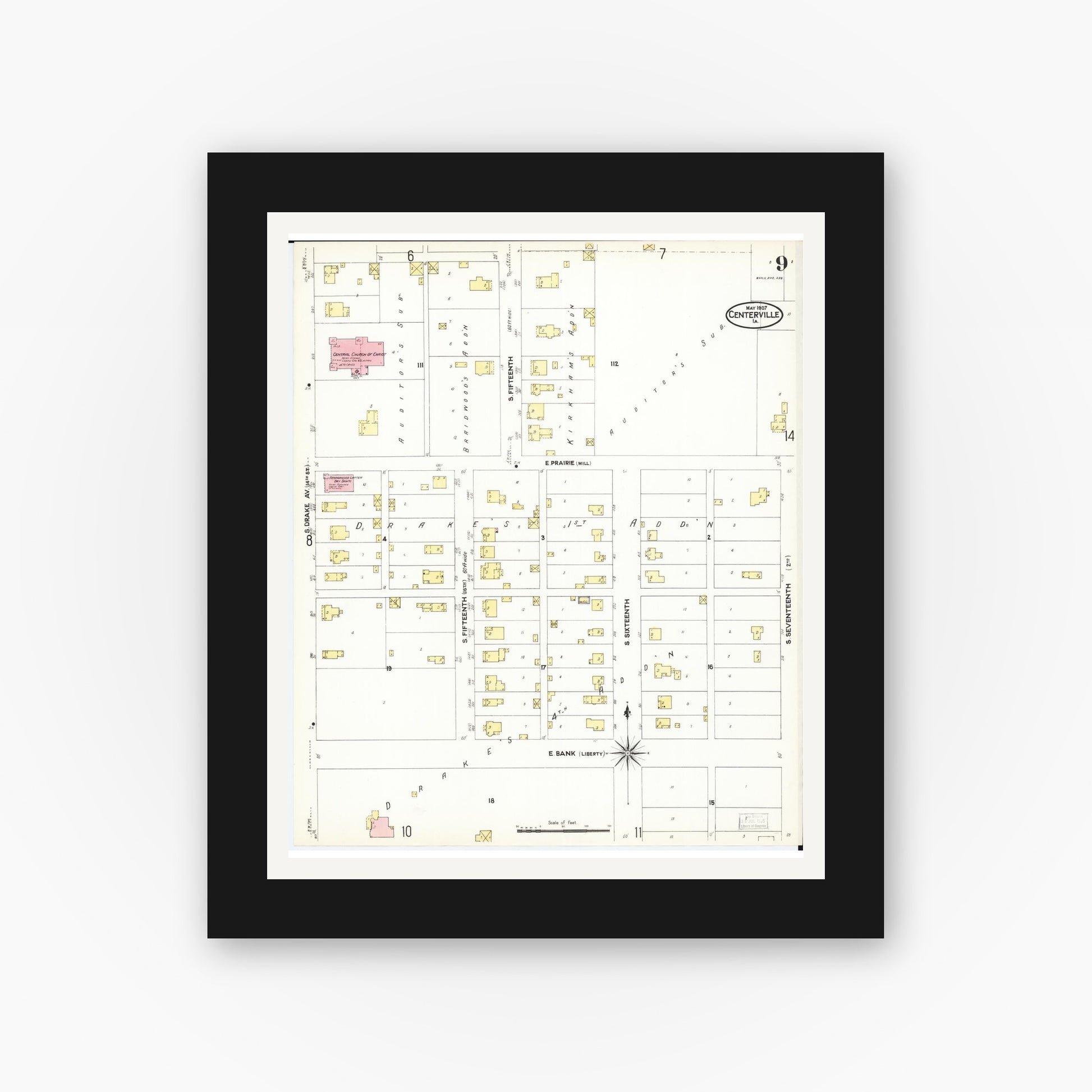 Old map wall art mockup — black gallery frame with white mat — Sanborn Fire Insurance Map from Centerville, Appanoose County, Iowa (1907), Sheet #0009
