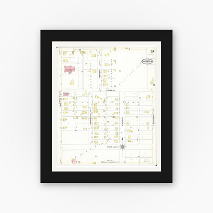 Old map wall art mockup — black gallery frame with white mat — Sanborn Fire Insurance Map from Centerville, Appanoose County, Iowa (1907), Sheet #0009