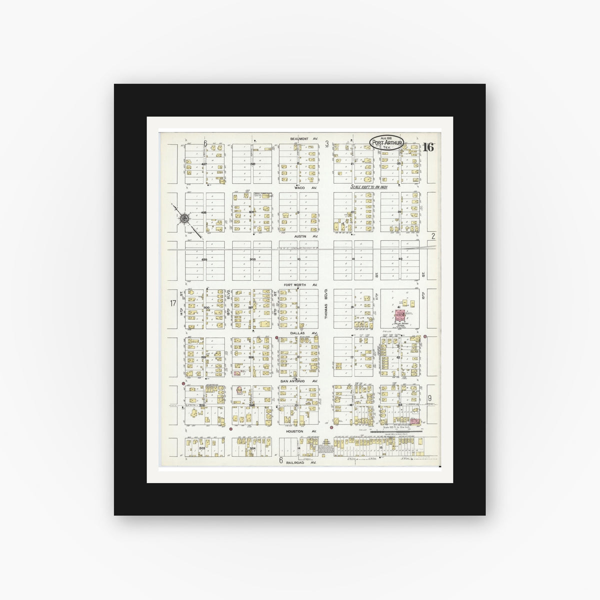 Old map wall art mockup — black gallery frame with white mat — Sanborn Fire Insurance Map from Port Arthur, Jefferson County, Texas (1918), Sheet #0016
