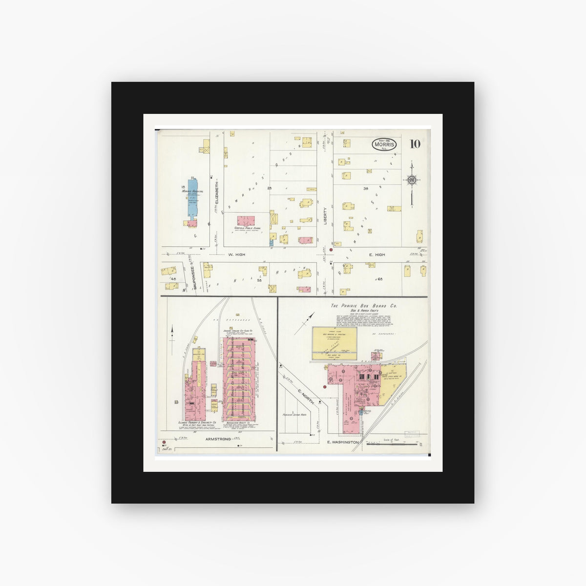 Old map wall art mockup — black gallery frame with white mat — Sanborn Fire Insurance Map from Morris, Grundy County, Illinois (1916), Sheet #0010