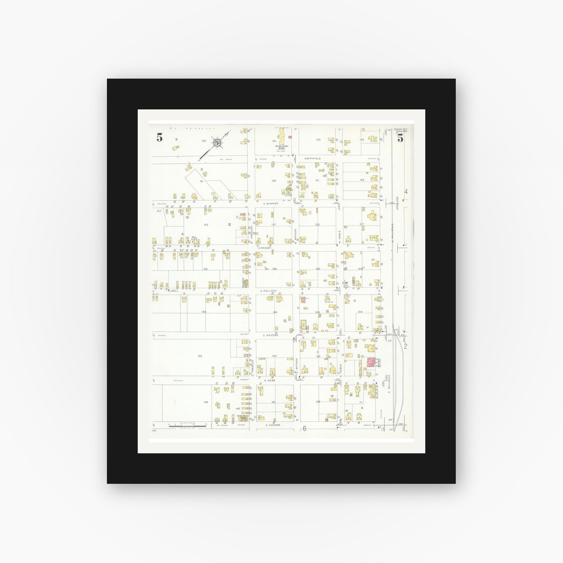 Old map wall art mockup — black gallery frame with white mat — Sanborn Fire Insurance Map from Selma, Johnston County, North Carolina (1933), Sheet #0005