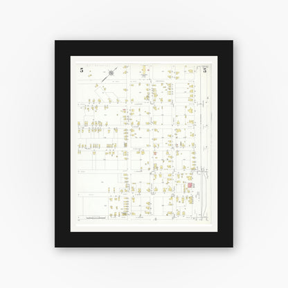 Old map wall art mockup — black gallery frame with white mat — Sanborn Fire Insurance Map from Selma, Johnston County, North Carolina (1933), Sheet #0005