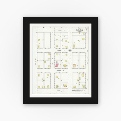 Old map wall art mockup — black gallery frame with white mat — Sanborn Fire Insurance Map from Midlothian, Ellis County, Texas (1921), Sheet #0004