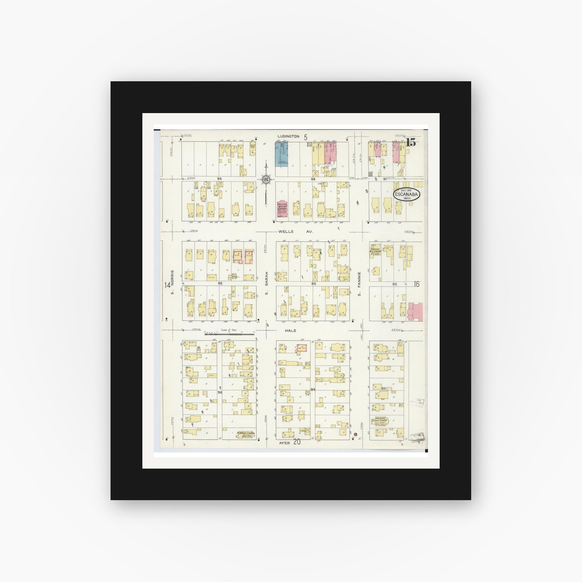 Old map wall art mockup — black gallery frame with white mat — Sanborn Fire Insurance Map from Escanaba, Delta County, Michigan (1913), Sheet #0015