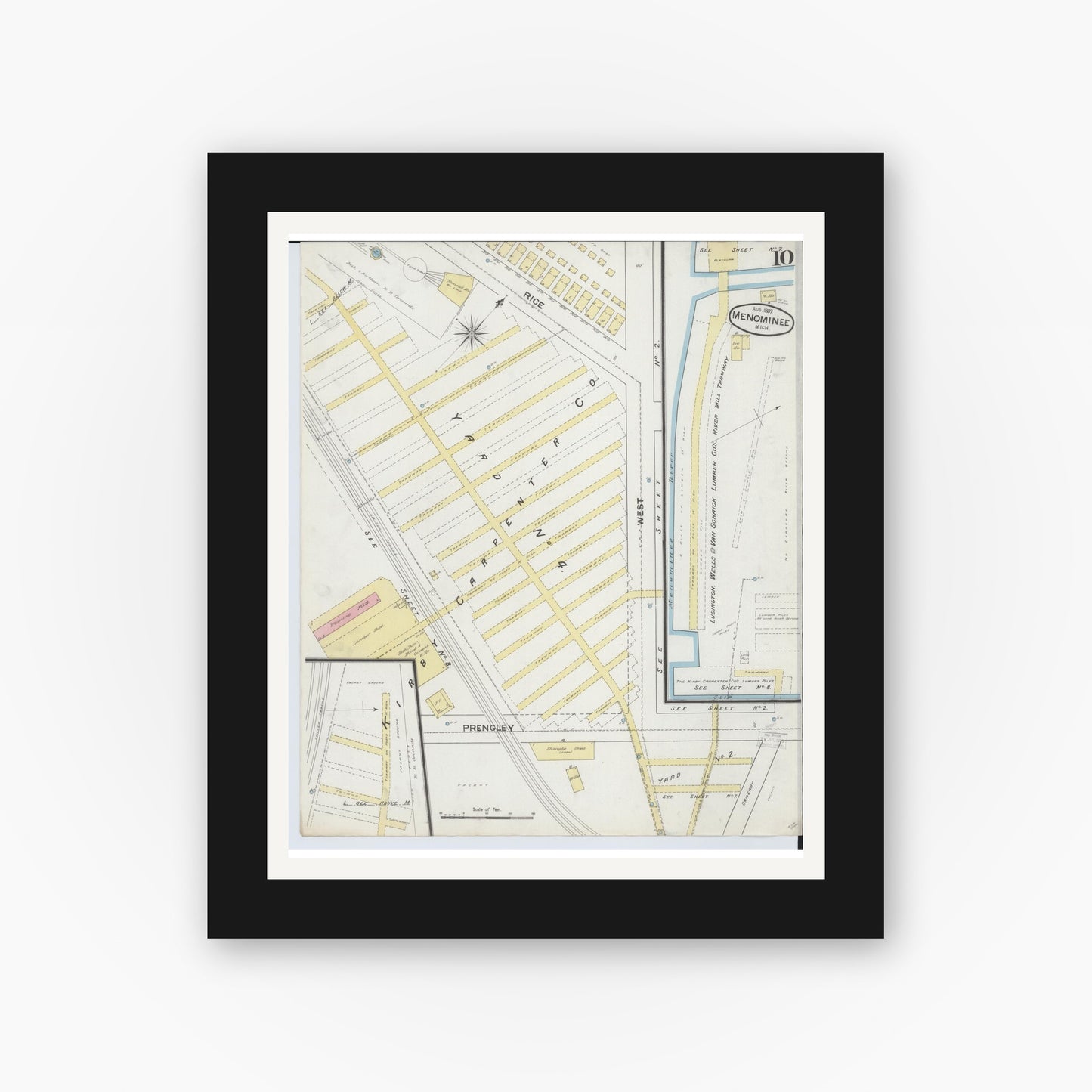 Old map wall art mockup — black gallery frame with white mat — Sanborn Fire Insurance Map from Menominee, Menominee County, Michigan (1887), Sheet #0010