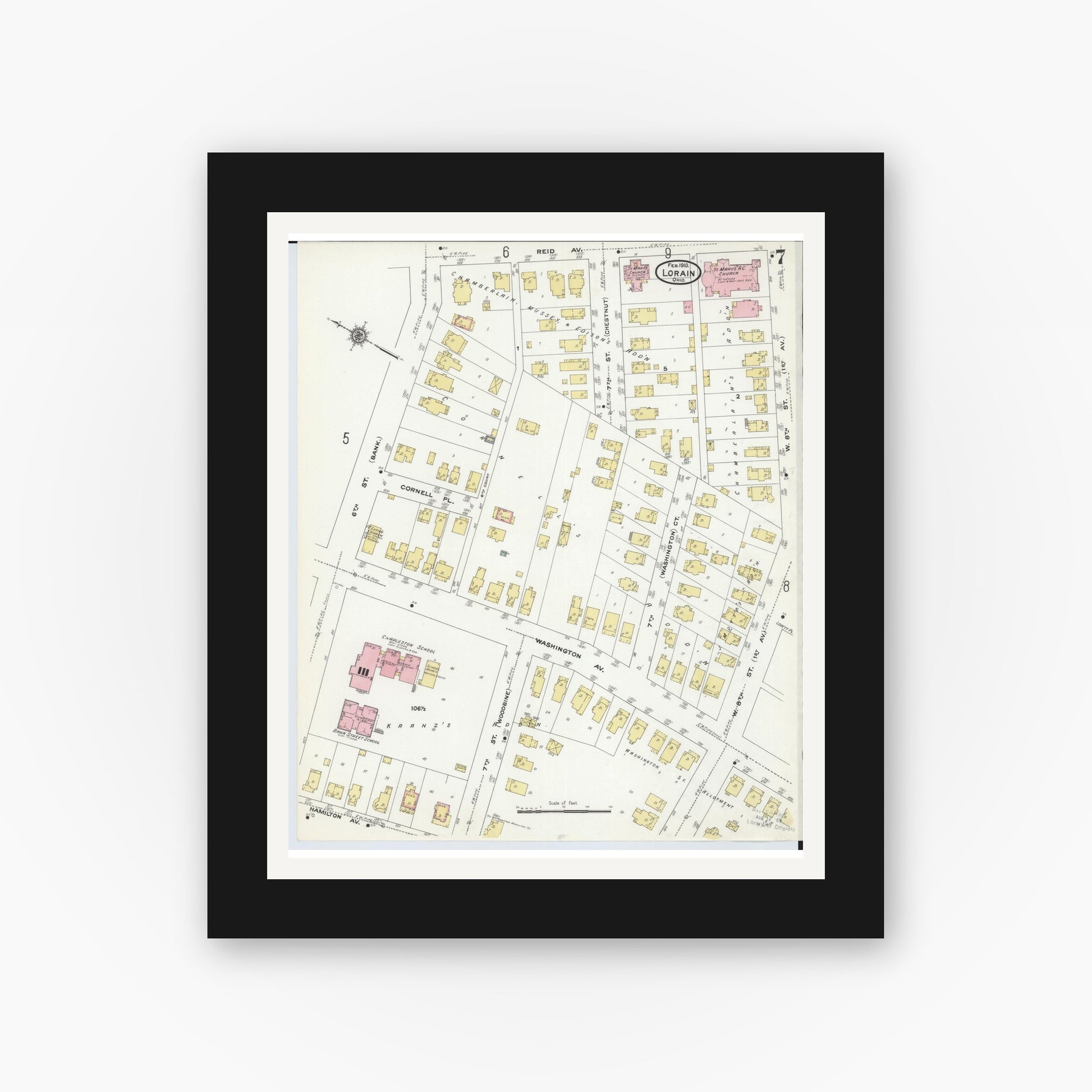 Old map wall art mockup — black gallery frame with white mat — Sanborn Fire Insurance Map from Lorain, Lorain County, Ohio (1910), Sheet #0007