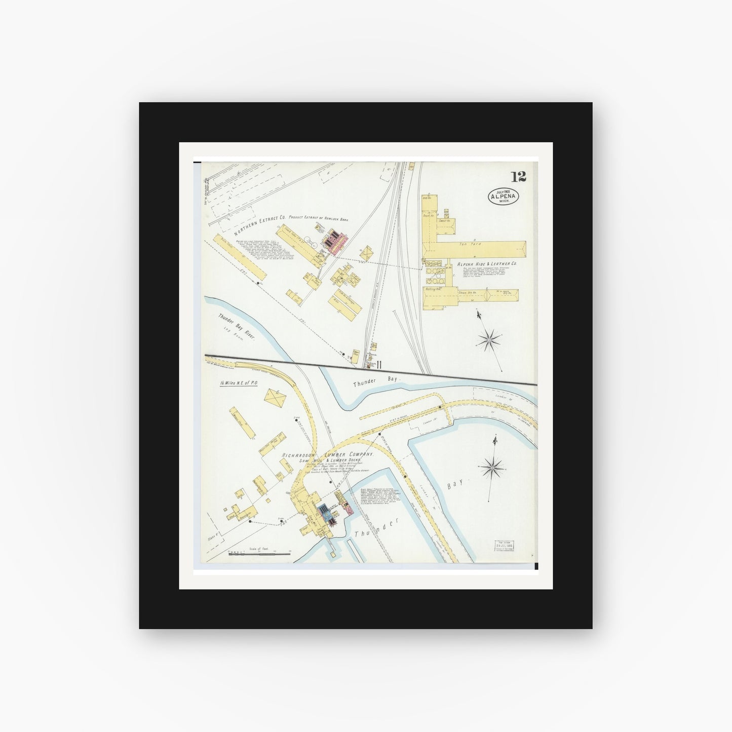 Old map wall art mockup — black gallery frame with white mat — Sanborn Fire Insurance Map from Alpena, Alpena County, Michigan (1901), Sheet #0012