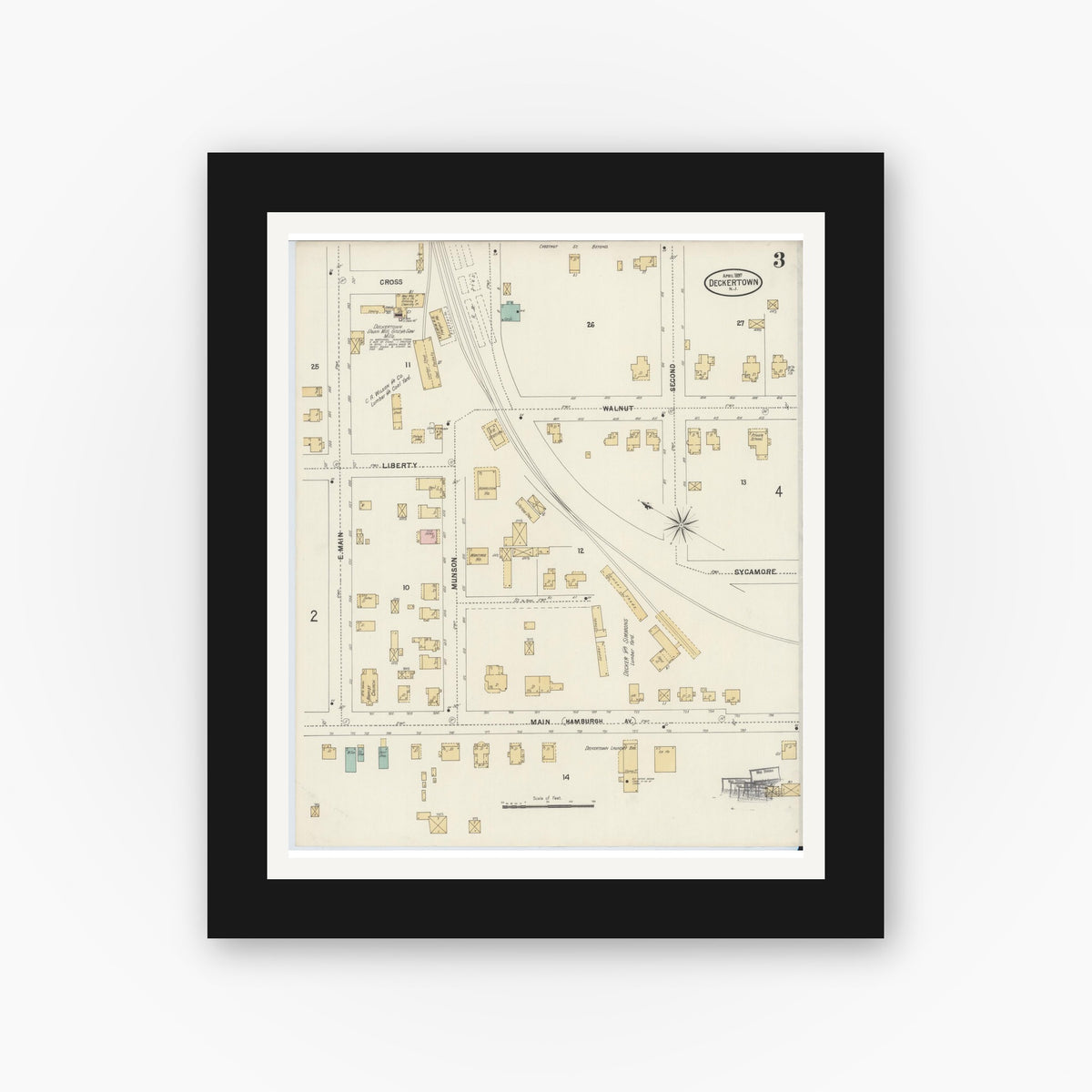 Old map wall art mockup — black gallery frame with white mat — Sanborn Fire Insurance Map from Deckertown, Sussex County, New Jersey (1897), Sheet #0003