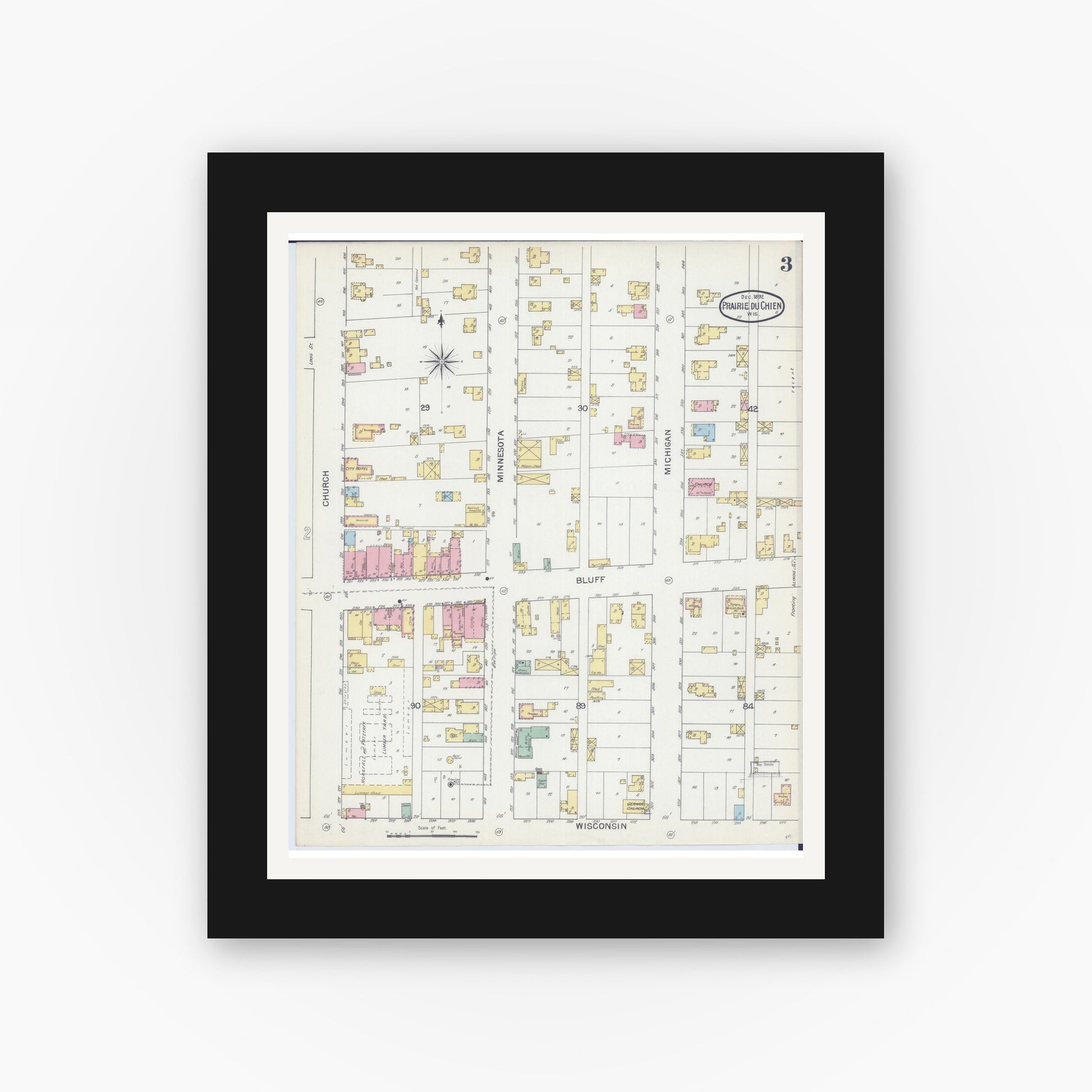 Old map wall art mockup — black gallery frame with white mat — Sanborn Fire Insurance Map from Prairie du Chien, Crawford County, Wisconsin (1892), Sheet #0003
