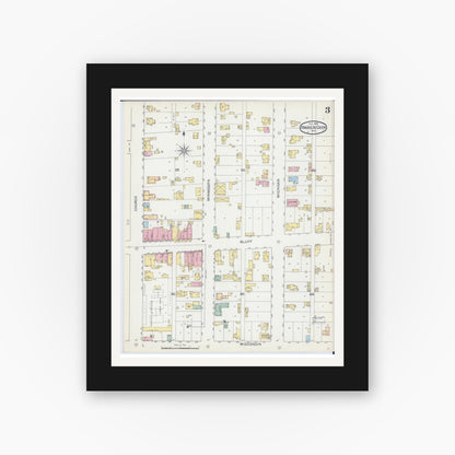 Old map wall art mockup — black gallery frame with white mat — Sanborn Fire Insurance Map from Prairie du Chien, Crawford County, Wisconsin (1892), Sheet #0003
