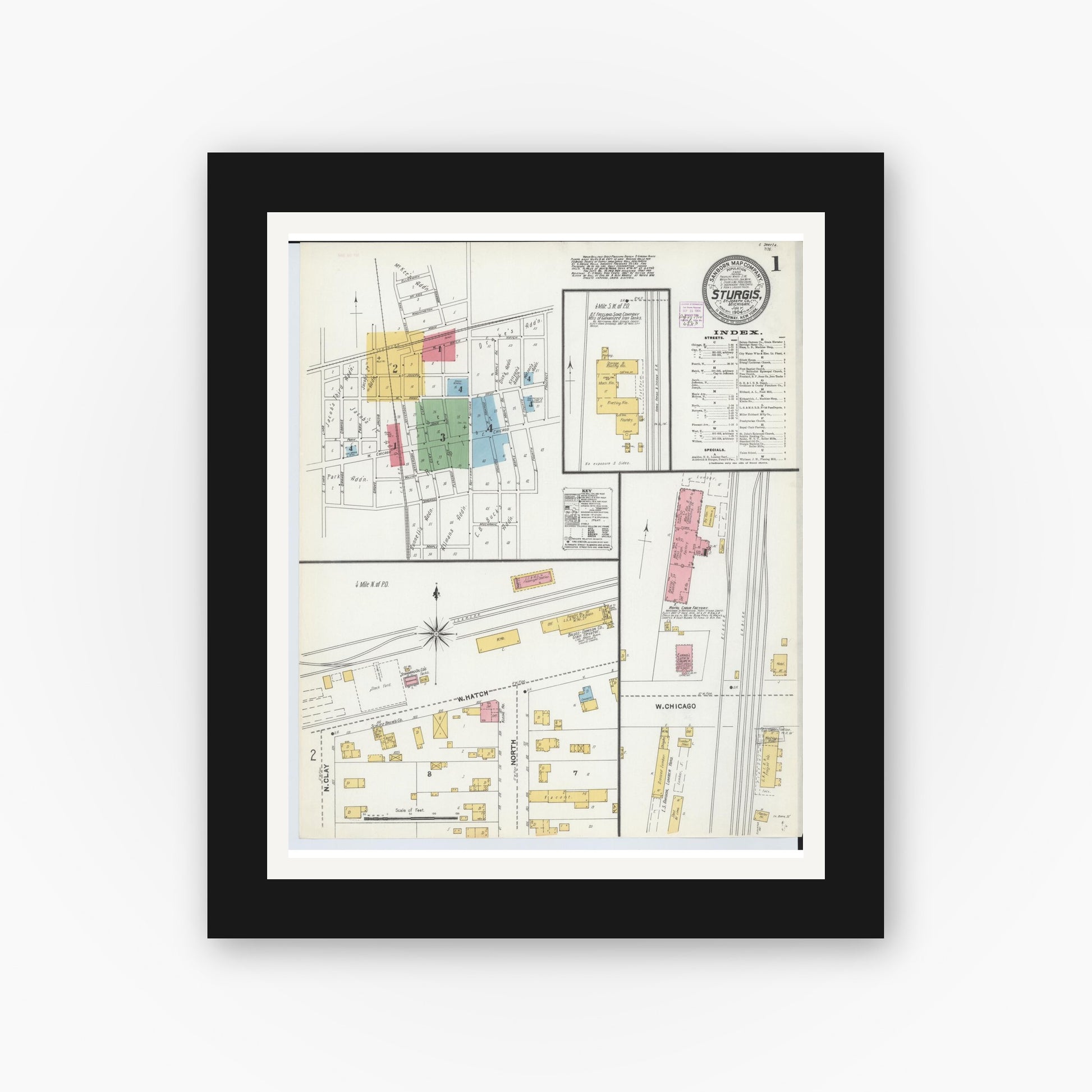 Old map wall art mockup — black gallery frame with white mat — Sanborn Fire Insurance Map from Sturgis, Saint Joseph County, Michigan (1904) - Complete Map Set