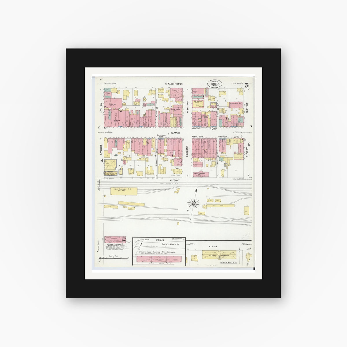 Old map wall art mockup — black gallery frame with white mat — Sanborn Fire Insurance Map from Ionia, Ionia County, Michigan (1907), Sheet #0005