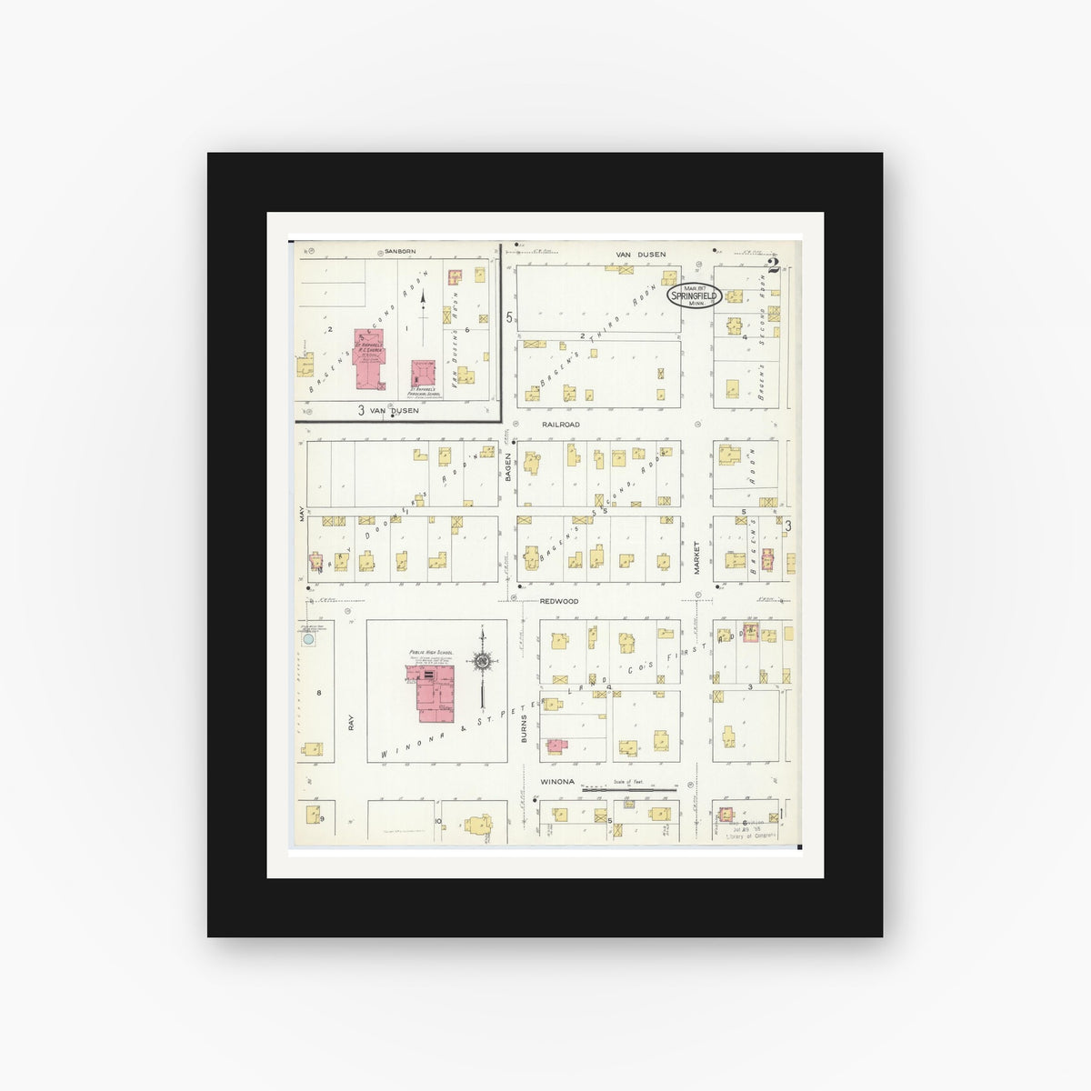 Old map wall art mockup — black gallery frame with white mat — Sanborn Fire Insurance Map from Springfield, Brown County, Minnesota (1917), Sheet #0002
