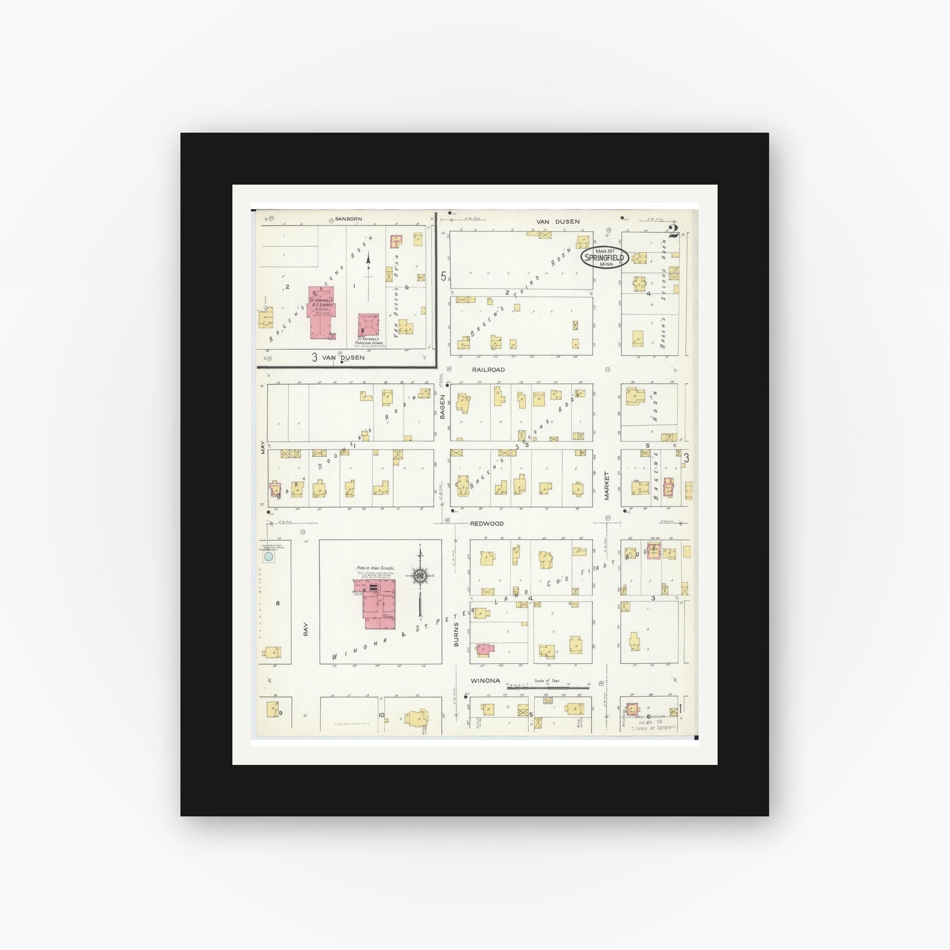 Old map wall art mockup — black gallery frame with white mat — Sanborn Fire Insurance Map from Springfield, Brown County, Minnesota (1917), Sheet #0002