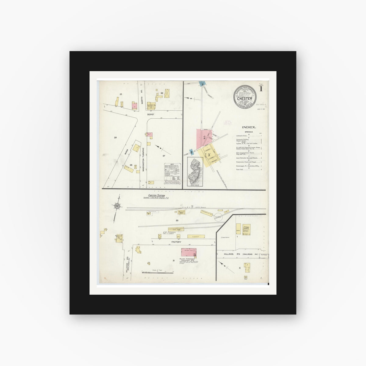 Old map wall art mockup — black gallery frame with white mat — Sanborn Fire Insurance Map from Chester, Morris County, New Jersey (1912) - Complete Map Set