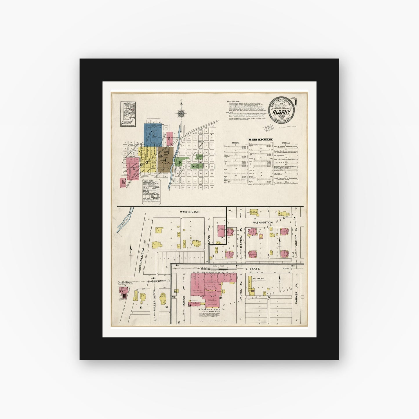Old map wall art mockup — black gallery frame with white mat — Sanborn Fire Insurance Map from Albany, Delaware County, Indiana (1920), Sheet #0001