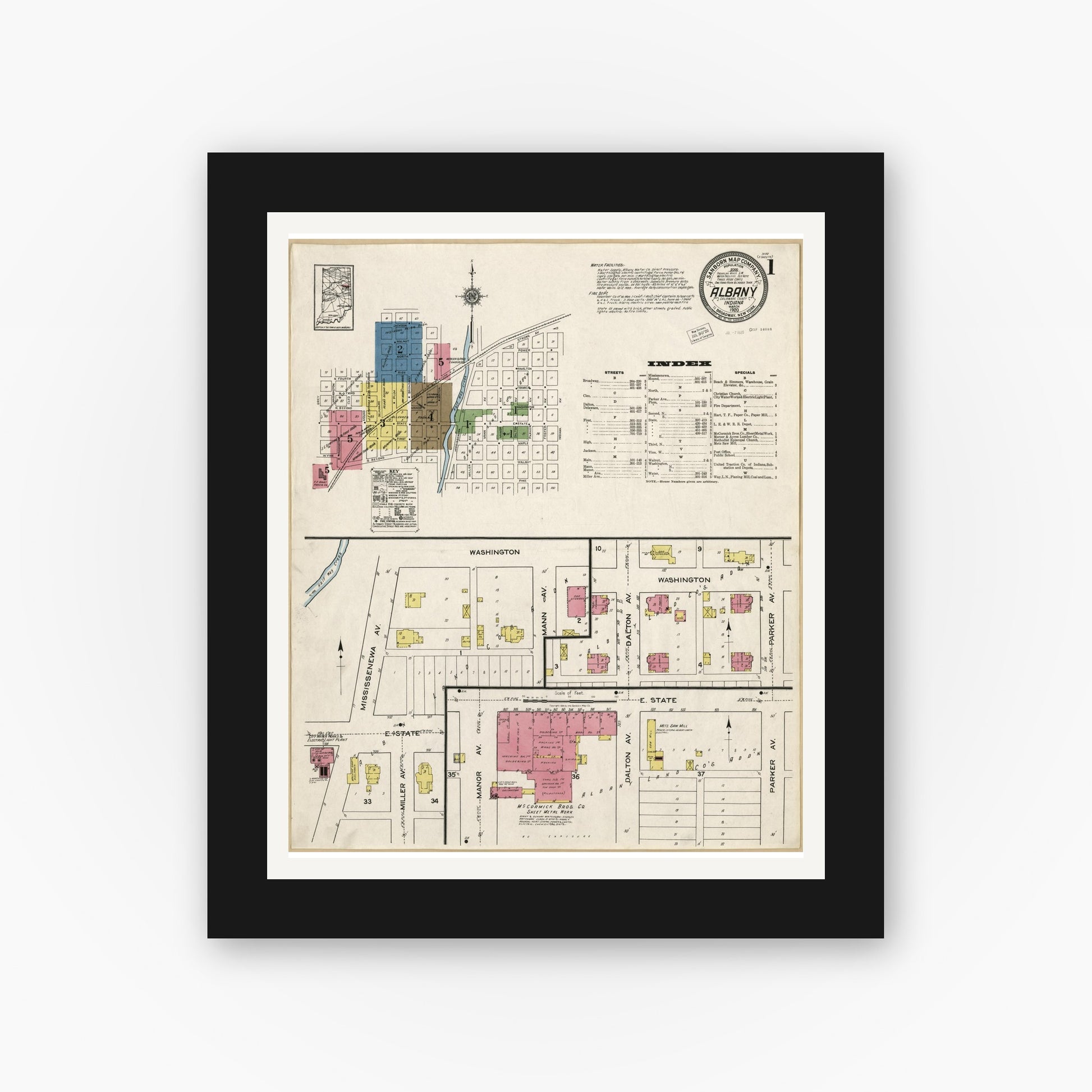 Old map wall art mockup — black gallery frame with white mat — Sanborn Fire Insurance Map from Albany, Delaware County, Indiana (1920), Sheet #0001