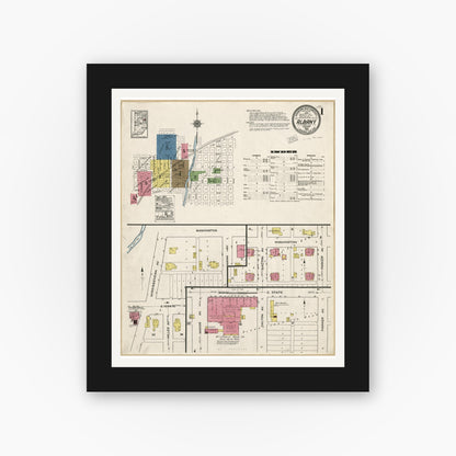 Old map wall art mockup — black gallery frame with white mat — Sanborn Fire Insurance Map from Albany, Delaware County, Indiana (1920), Sheet #0001