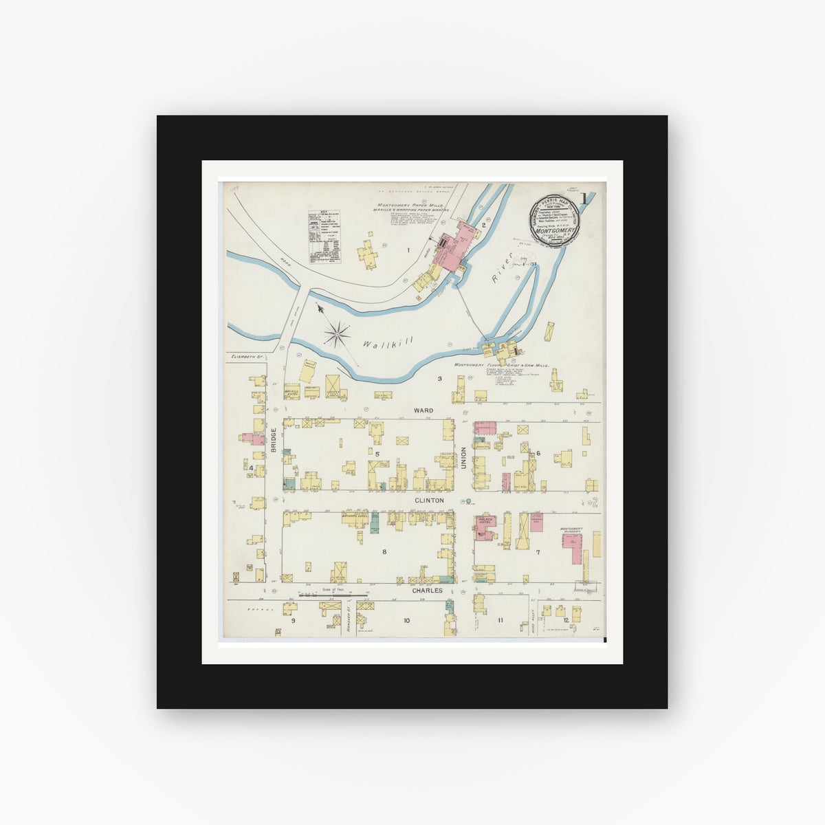 Old map wall art mockup — black gallery frame with white mat — Sanborn Fire Insurance Map from Montgomery, Orange County, New York (1892), Sheet #0001