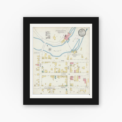 Old map wall art mockup — black gallery frame with white mat — Sanborn Fire Insurance Map from Montgomery, Orange County, New York (1892), Sheet #0001