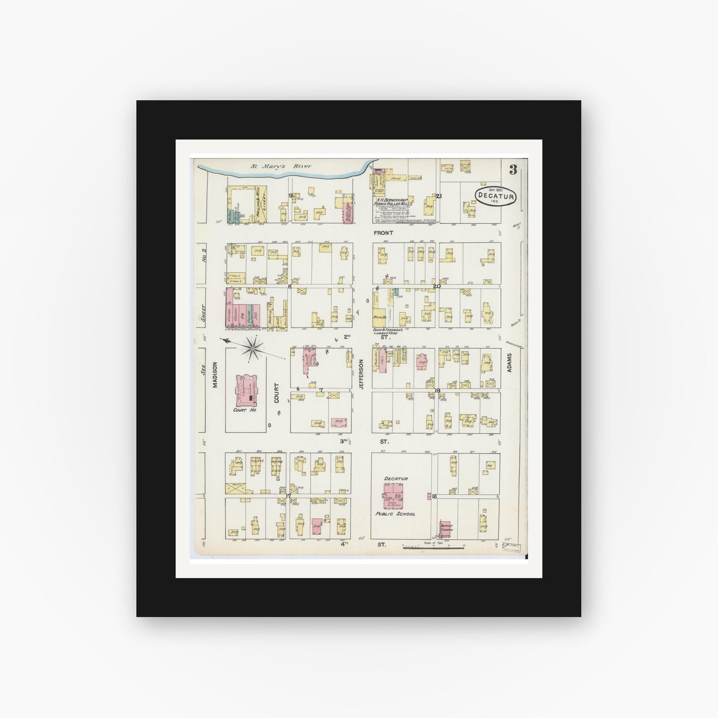 Old map wall art mockup — black gallery frame with white mat — Sanborn Fire Insurance Map from Decatur, Adams County, Indiana (1890), Sheet #0003