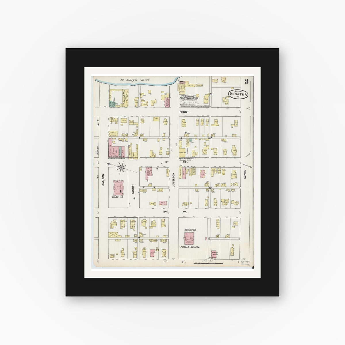 Old map wall art mockup — black gallery frame with white mat — Sanborn Fire Insurance Map from Decatur, Adams County, Indiana (1890), Sheet #0003