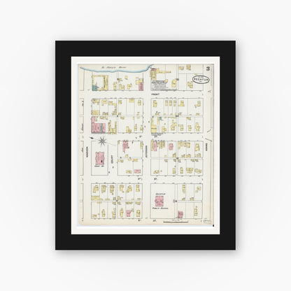 Old map wall art mockup — black gallery frame with white mat — Sanborn Fire Insurance Map from Decatur, Adams County, Indiana (1890), Sheet #0003