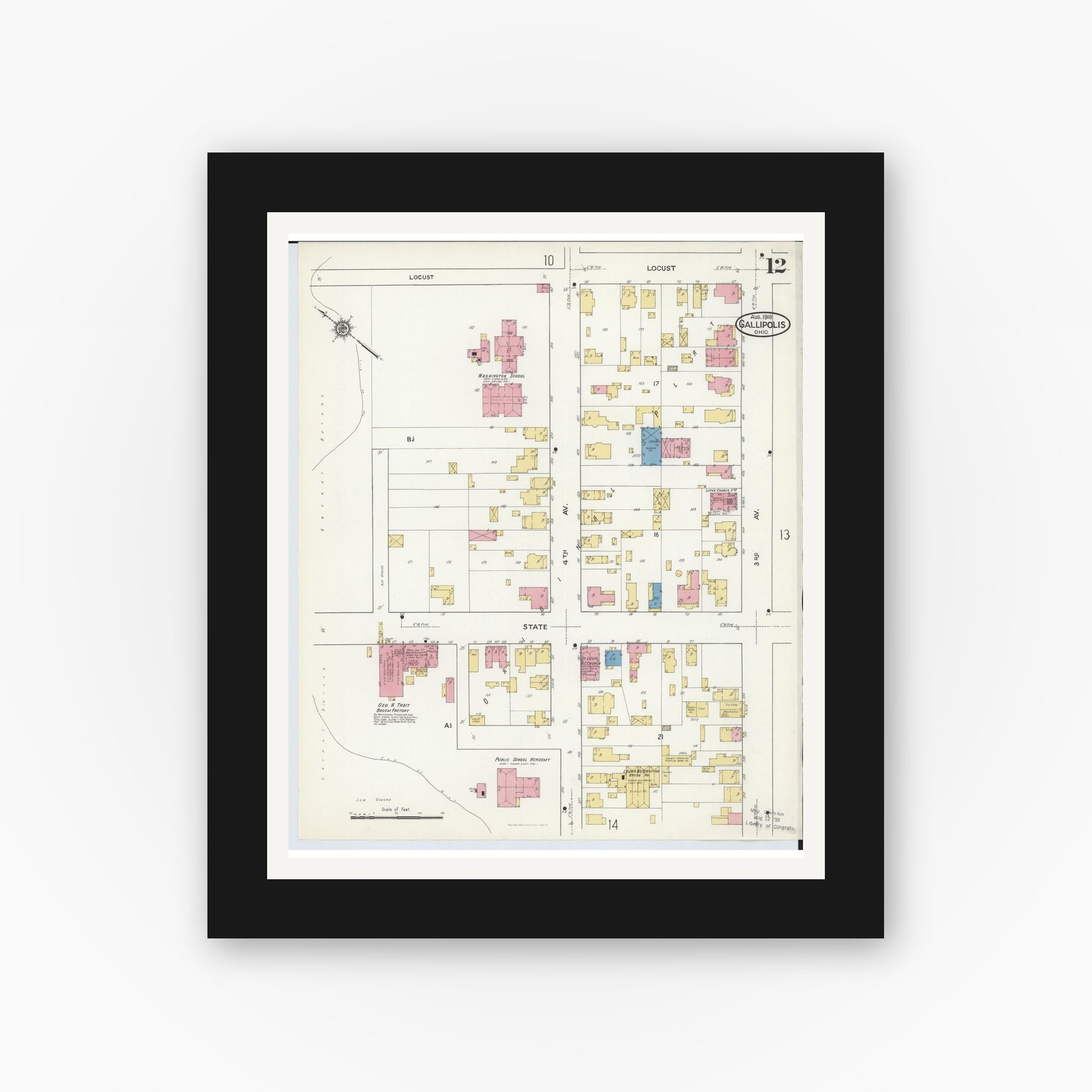Old map wall art mockup — black gallery frame with white mat — Sanborn Fire Insurance Map from Gallipolis, Gallia County, Ohio (1916), Sheet #0012