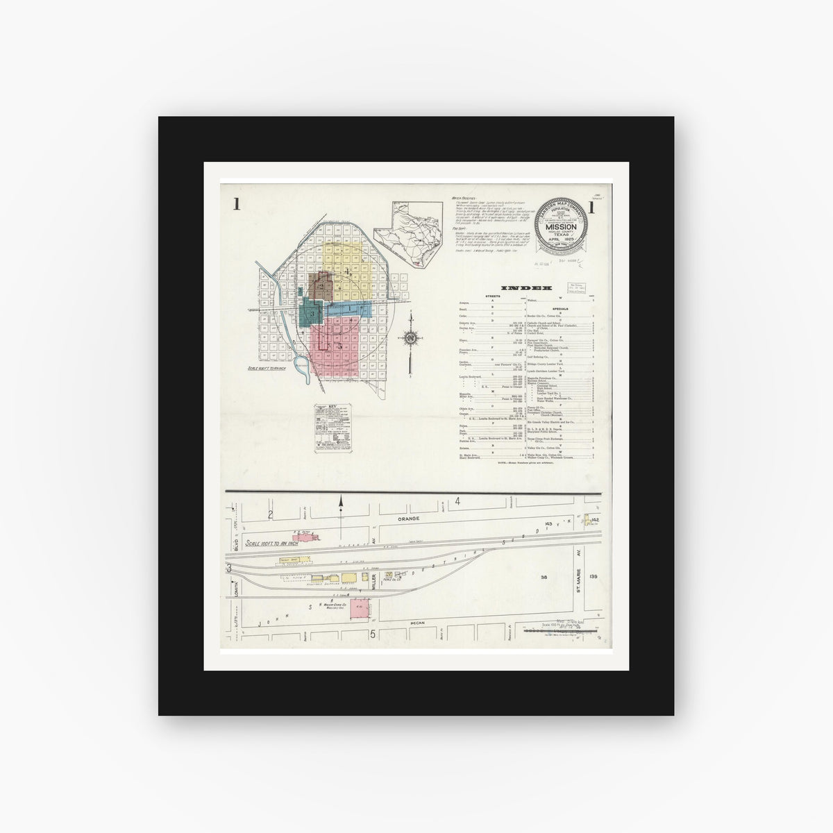 Old map wall art mockup — black gallery frame with white mat — Sanborn Fire Insurance Map from Mission, Hidalgo County, Texas (1925), Sheet #0001