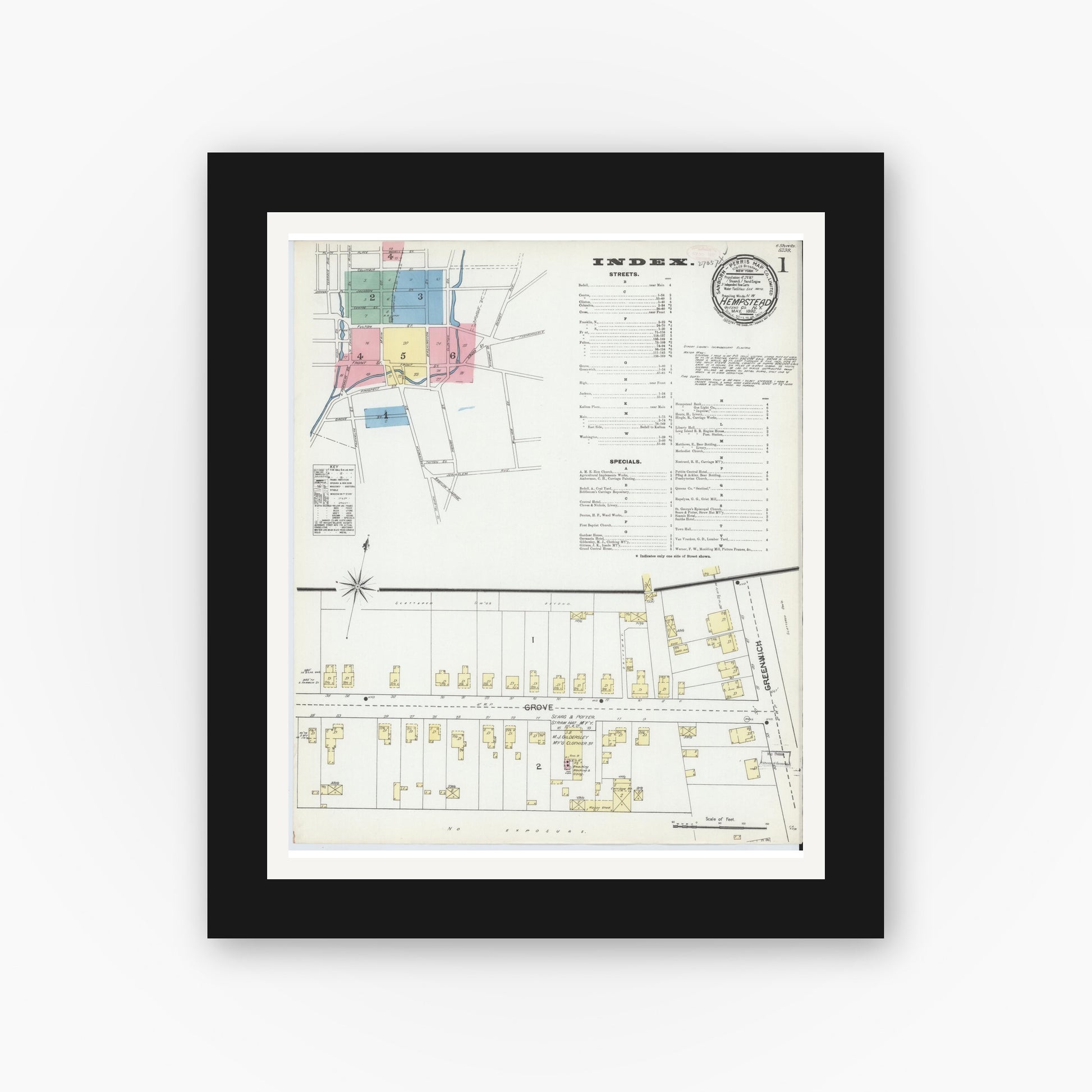 Old map wall art mockup — black gallery frame with white mat — Sanborn Fire Insurance Map from Hempstead, Nassau County, New York (1892) - Complete Map Set