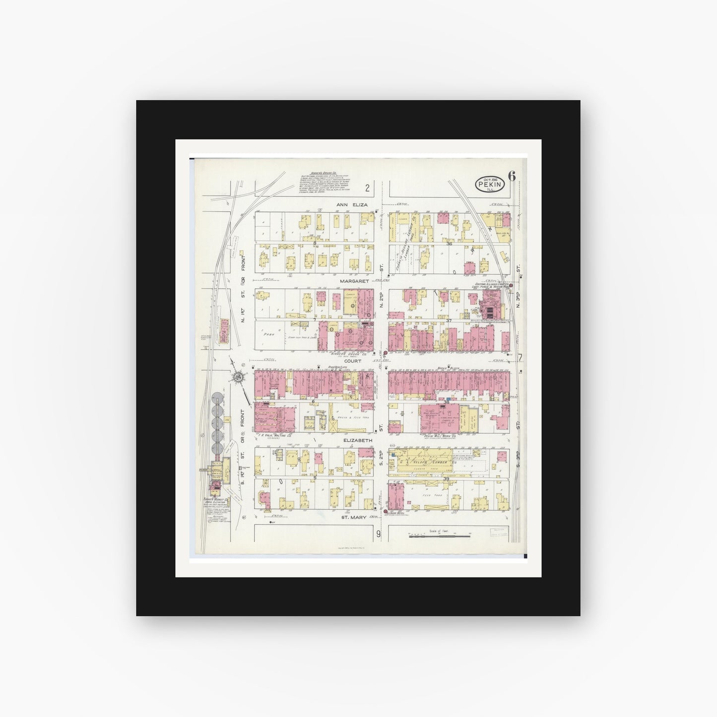 Old map wall art mockup — black gallery frame with white mat — Sanborn Fire Insurance Map from Pekin, Tazewell County, Illinois (1916), Sheet #0006