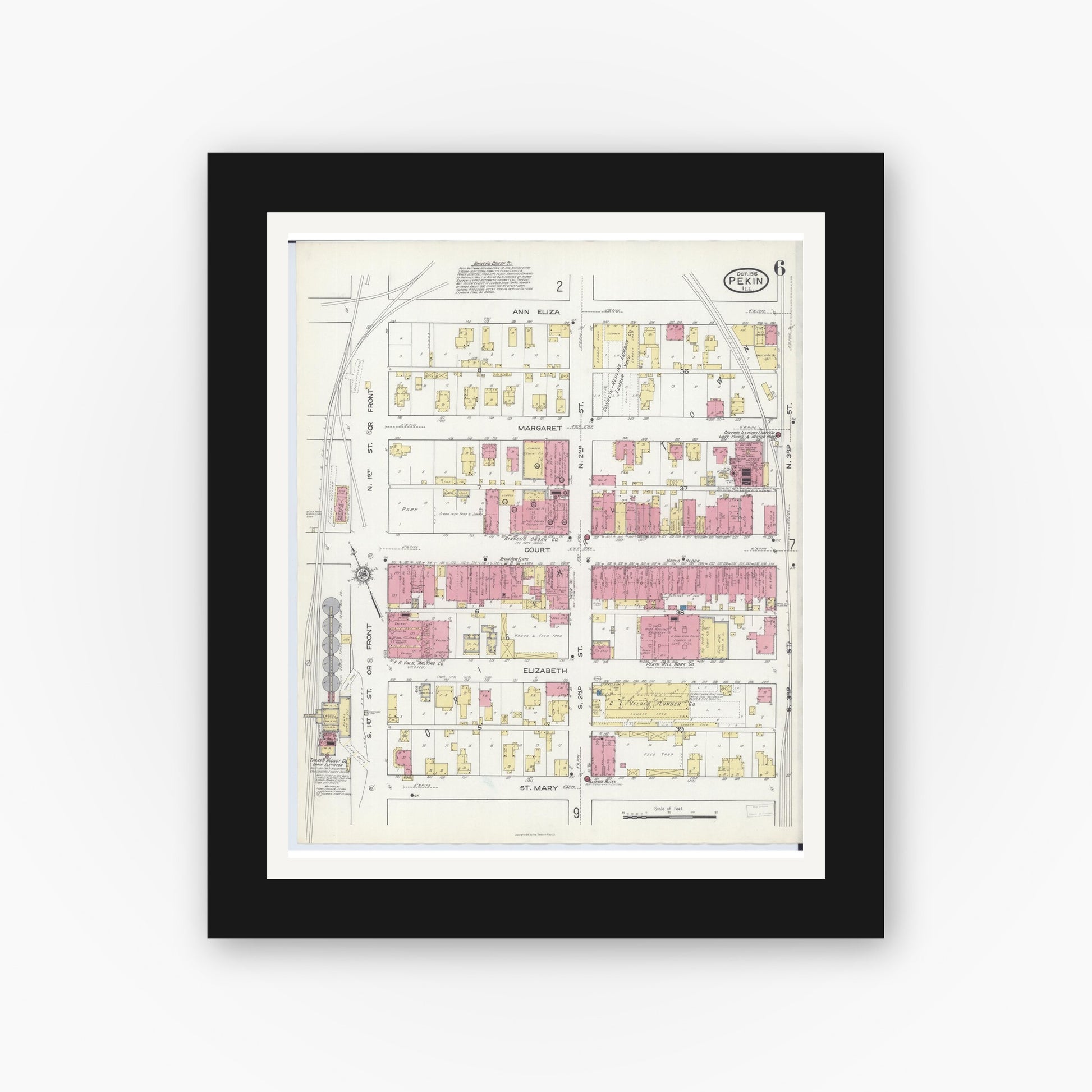 Old map wall art mockup — black gallery frame with white mat — Sanborn Fire Insurance Map from Pekin, Tazewell County, Illinois (1916), Sheet #0006