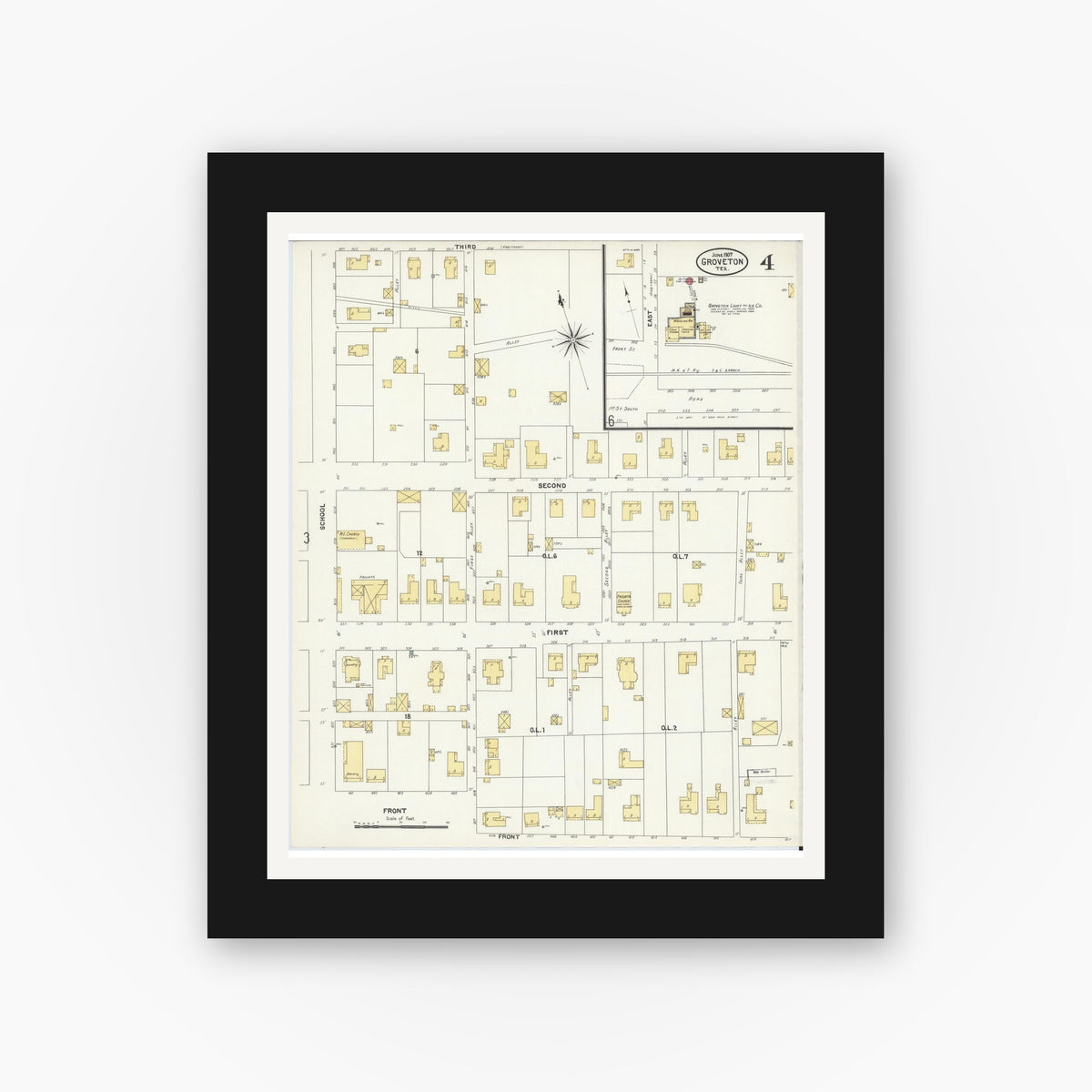 Old map wall art mockup — black gallery frame with white mat — Sanborn Fire Insurance Map from Groveton, Trinity County, Texas (1907), Sheet #0004