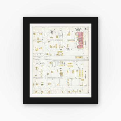 Old map wall art mockup — black gallery frame with white mat — Sanborn Fire Insurance Map from Hubbard, Hill County, Texas (1904), Sheet #0005