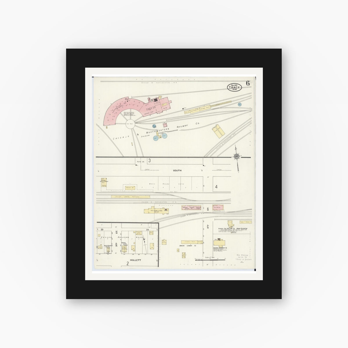 Old map wall art mockup — black gallery frame with white mat — Sanborn Fire Insurance Map from Tracy, Lyon County, Minnesota (1909), Sheet #0006