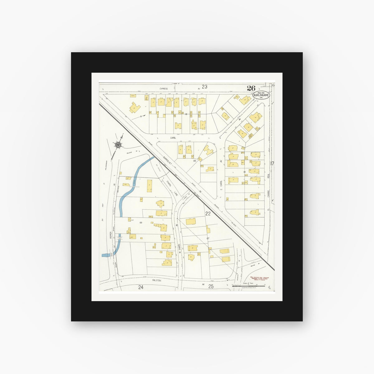 Old map wall art mockup — black gallery frame with white mat — Sanborn Fire Insurance Map from Burlingame, San Mateo County, California (1921), Sheet #0026