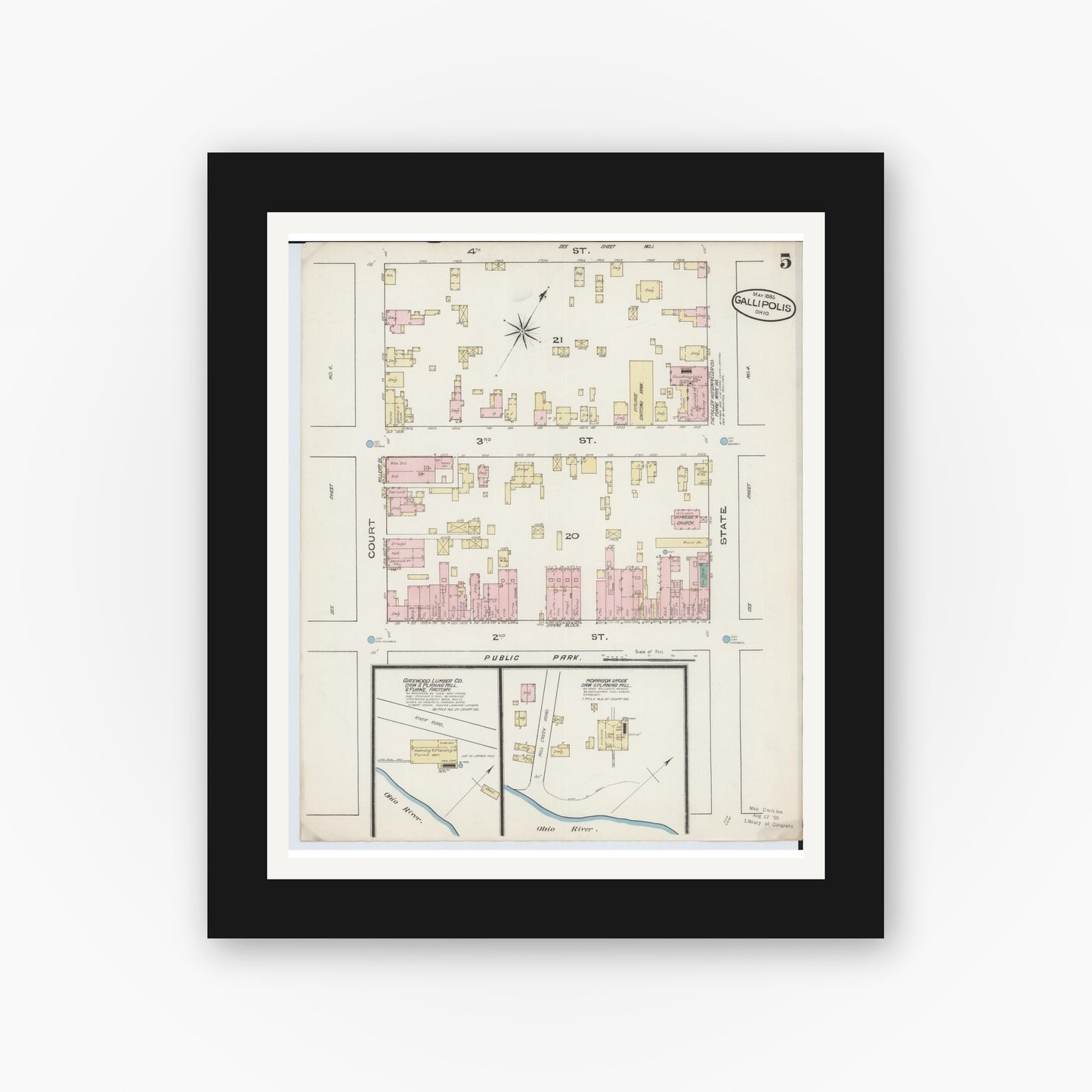 Old map wall art mockup — black gallery frame with white mat — Sanborn Fire Insurance Map from Gallipolis, Gallia County, Ohio (1885), Sheet #0005