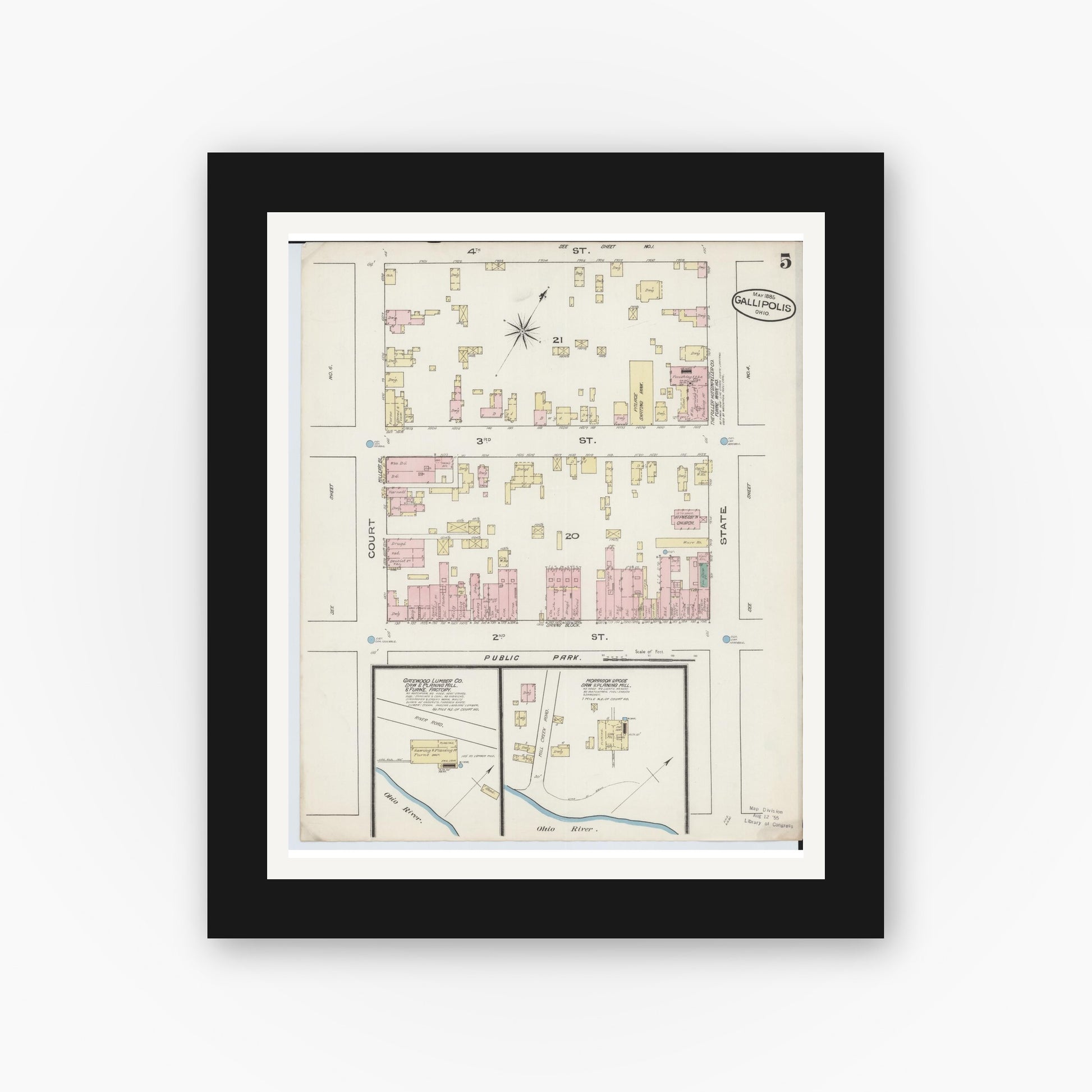Old map wall art mockup — black gallery frame with white mat — Sanborn Fire Insurance Map from Gallipolis, Gallia County, Ohio (1885), Sheet #0005