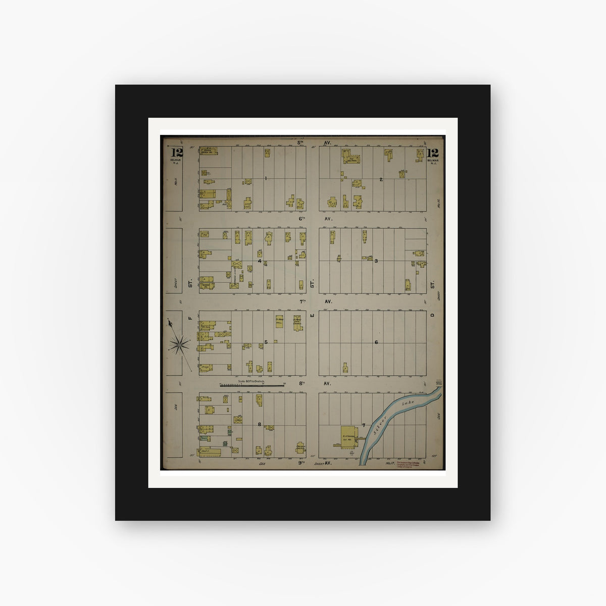 Old map wall art mockup — black gallery frame with white mat — Sanborn Fire Insurance Map from New Jersey Coast, New Jersey Coast, New Jersey (1890), Sheet #0012