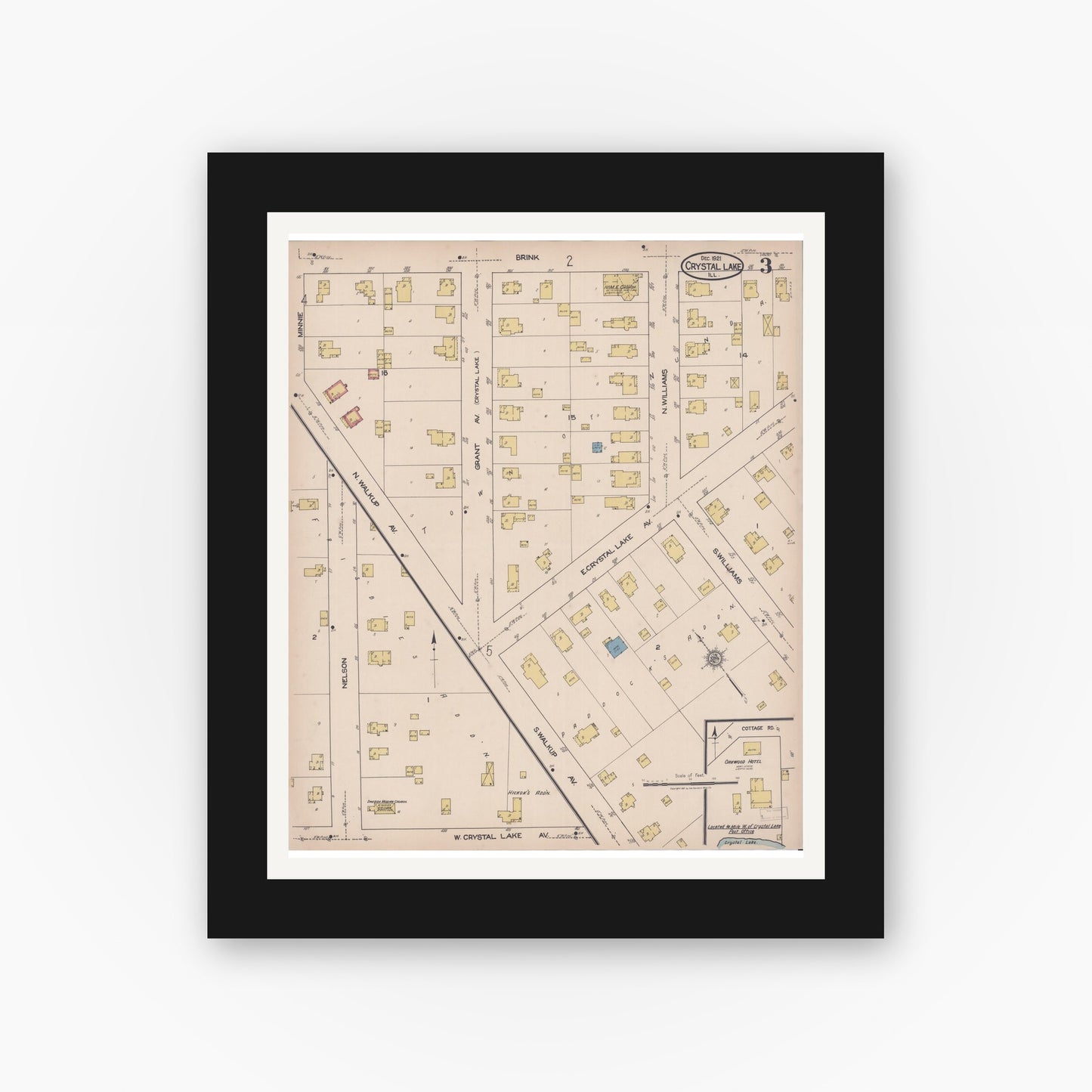 Old map wall art mockup — black gallery frame with white mat — Sanborn Fire Insurance Map from Crystal Lake, McHenry County, Illinois (1921), Sheet #0003