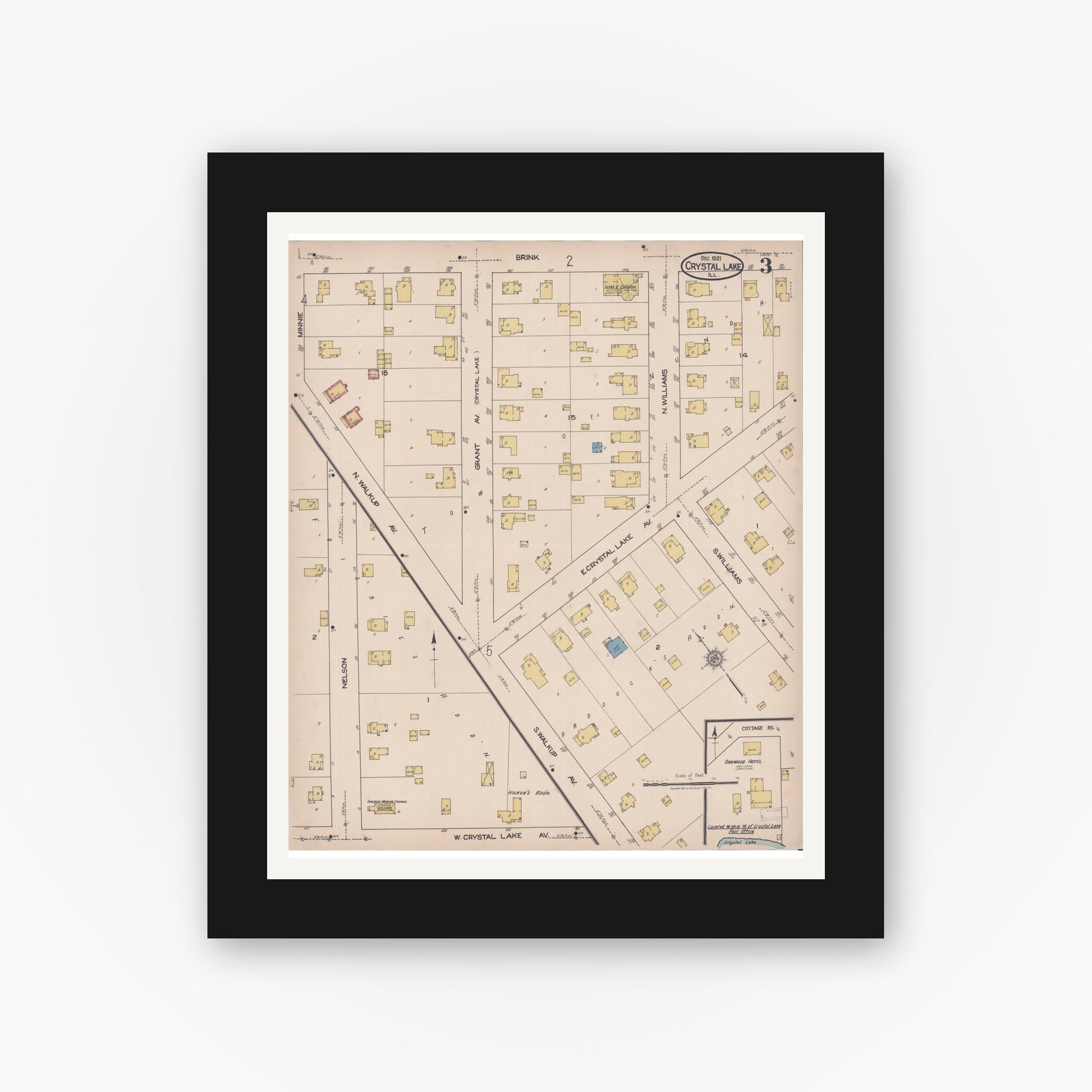 Old map wall art mockup — black gallery frame with white mat — Sanborn Fire Insurance Map from Crystal Lake, McHenry County, Illinois (1921), Sheet #0003